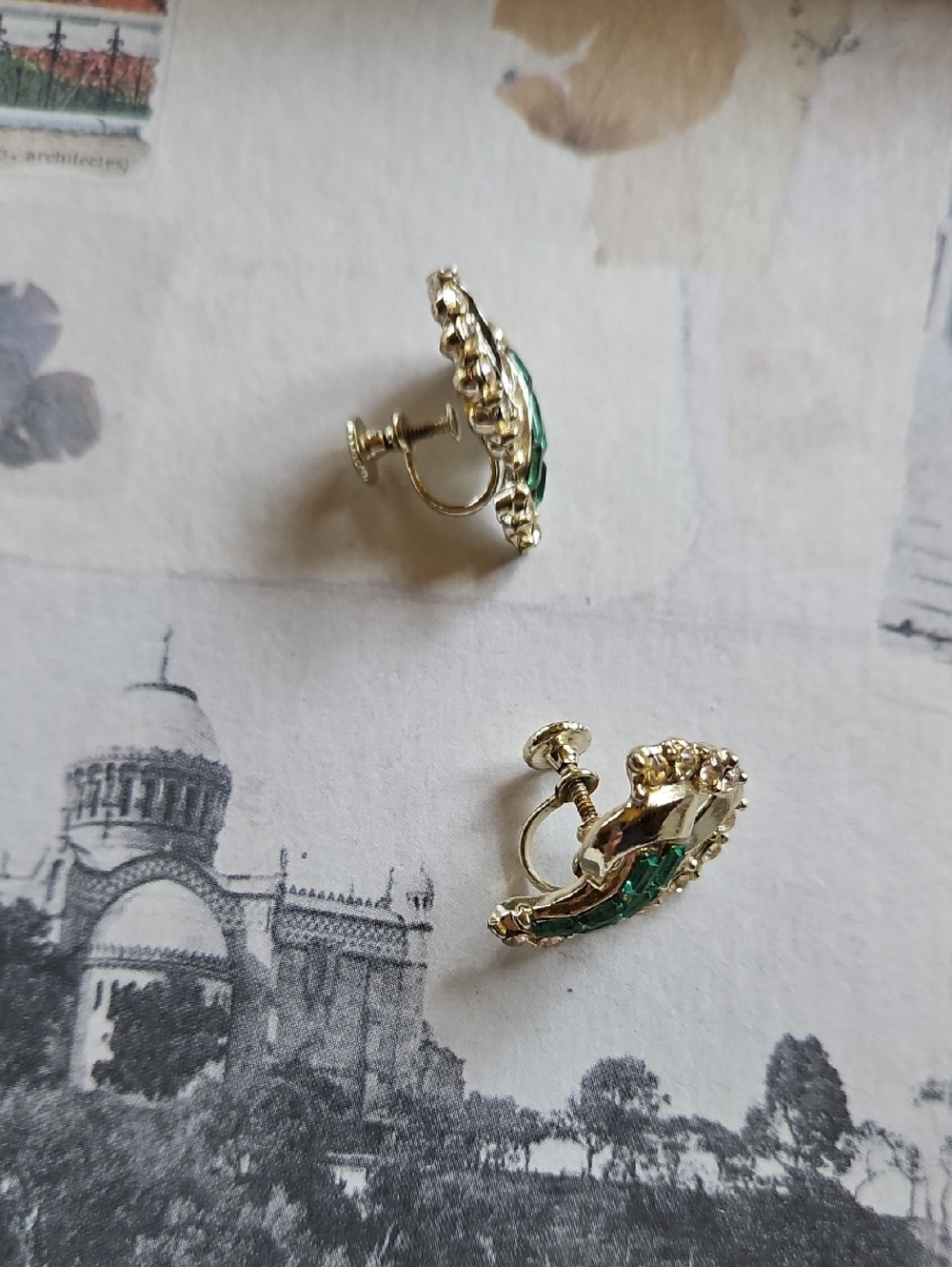 Silver Tone Earrings with Green Baguette Stones and Clear Rhinestones Screw On - Picture 5 of 5
